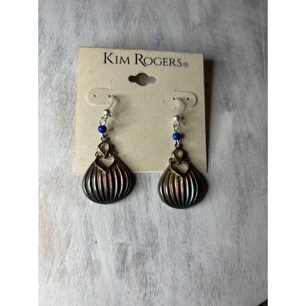 Kim Rogers Blue Bead Iridescent Gunmetal Ribbed Teardrop Drop Earrings 417032EZ